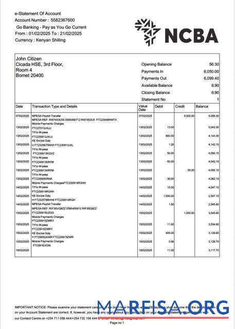 Printable Kenya NCBA bank e statement of account word download for verification